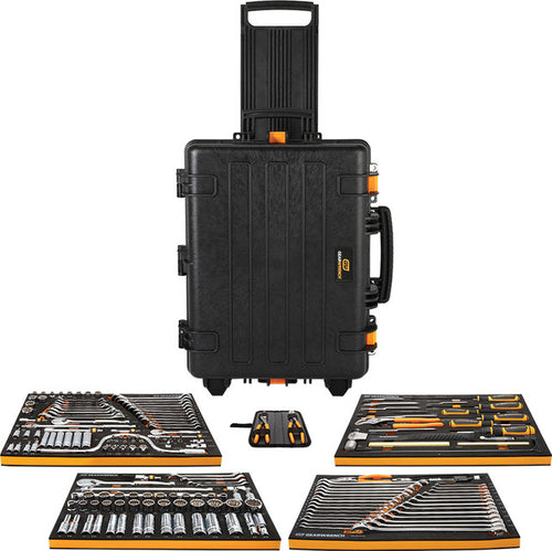 Coffret d'outils GearWrench GWGMTK185 (185 pièces) avec douilles GMTK de 6,35 mm (1/4"), 9,5 mm (3/8") et 12,7 mm (1/2"), rangés dans des plateaux en mousse et un porte-outils robuste.