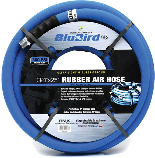 Blubird BBPRO3425 Bluebird Pro Rubber Air Hose Assembly, 3/4" x 25', 3/4" Male-NPT, 300 PSI, EPDM - MPR Tools & Equipment