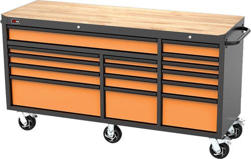 TOBEQ RCBT721524ORBK 72-Inch 15-Drawer Roller Cabinet in Orange and Black with Wood Top Work Surface