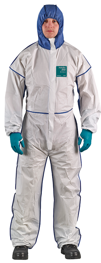 Ansell AlphaTec 1800 WN18-B-92-195-05 White Hooded Chemical Coverall XL, full-body view worn by model showing blue trim, zipper front closure, and attached hood