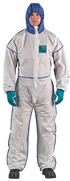 Ansell AlphaTec 1800 WN18-B-92-195-05 White Hooded Chemical Coverall XL, full-body view worn by model showing blue trim, zipper front closure, and attached hood