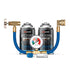 Emzone 45885 12a A/C Recharge Kit components including two 170g refrigerant cans, hose with gauge, retrofit fitting, and oil tester