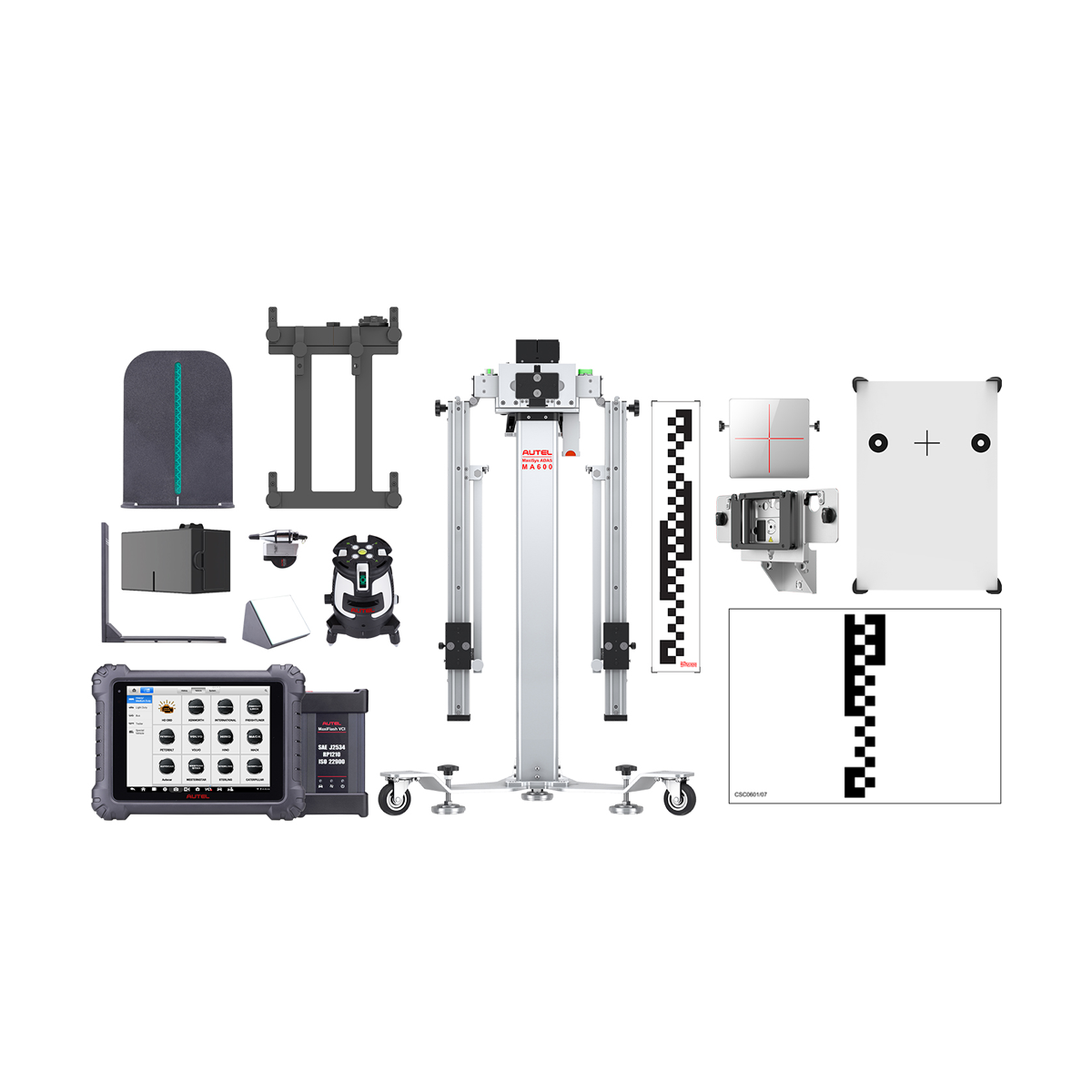 Autel CVMALDWT CV ADAS LDW MA600 Calibration Package with MS909CV tablet, complete kit contents laid out including mobile frame, lasers, targets, patterns, and reflector