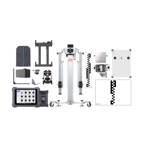 Autel CVMALDWT CV ADAS LDW MA600 Calibration Package with MS909CV tablet, complete kit contents laid out including mobile frame, lasers, targets, patterns, and reflector