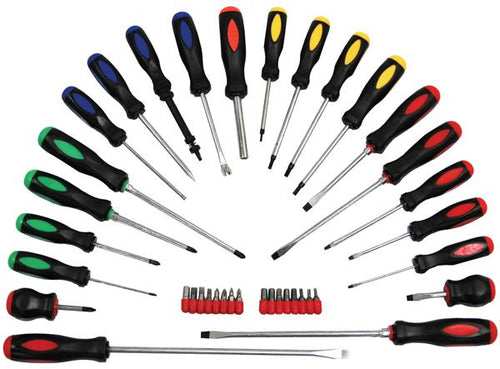 ATD Tools 6198 22pc Screwdriver with 16pc Bit Set, full set laid out with color-coded handles and assorted bits