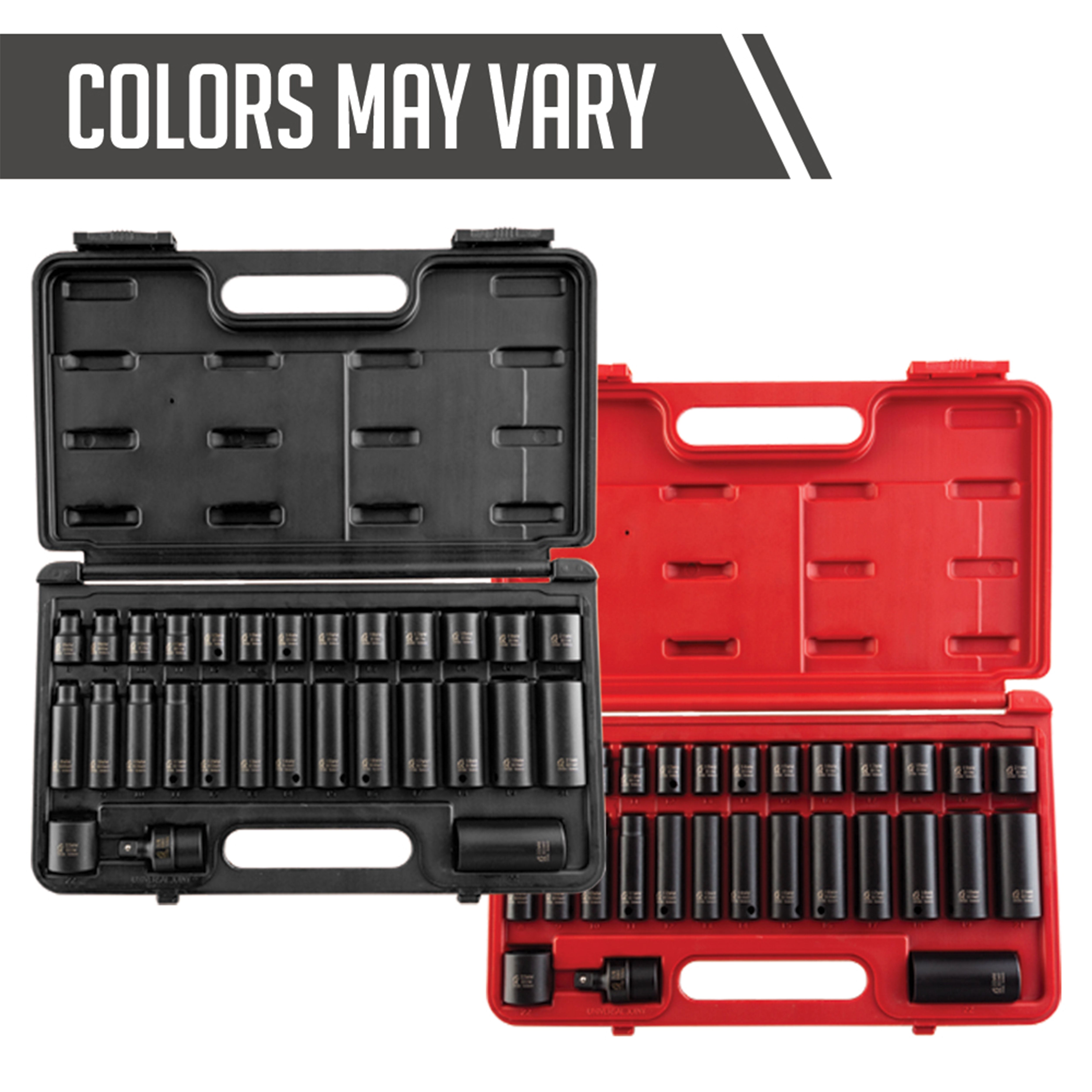 Sunex Tools 3329 29-piece impact socket set shown in both black and red hard case variants, colors may vary