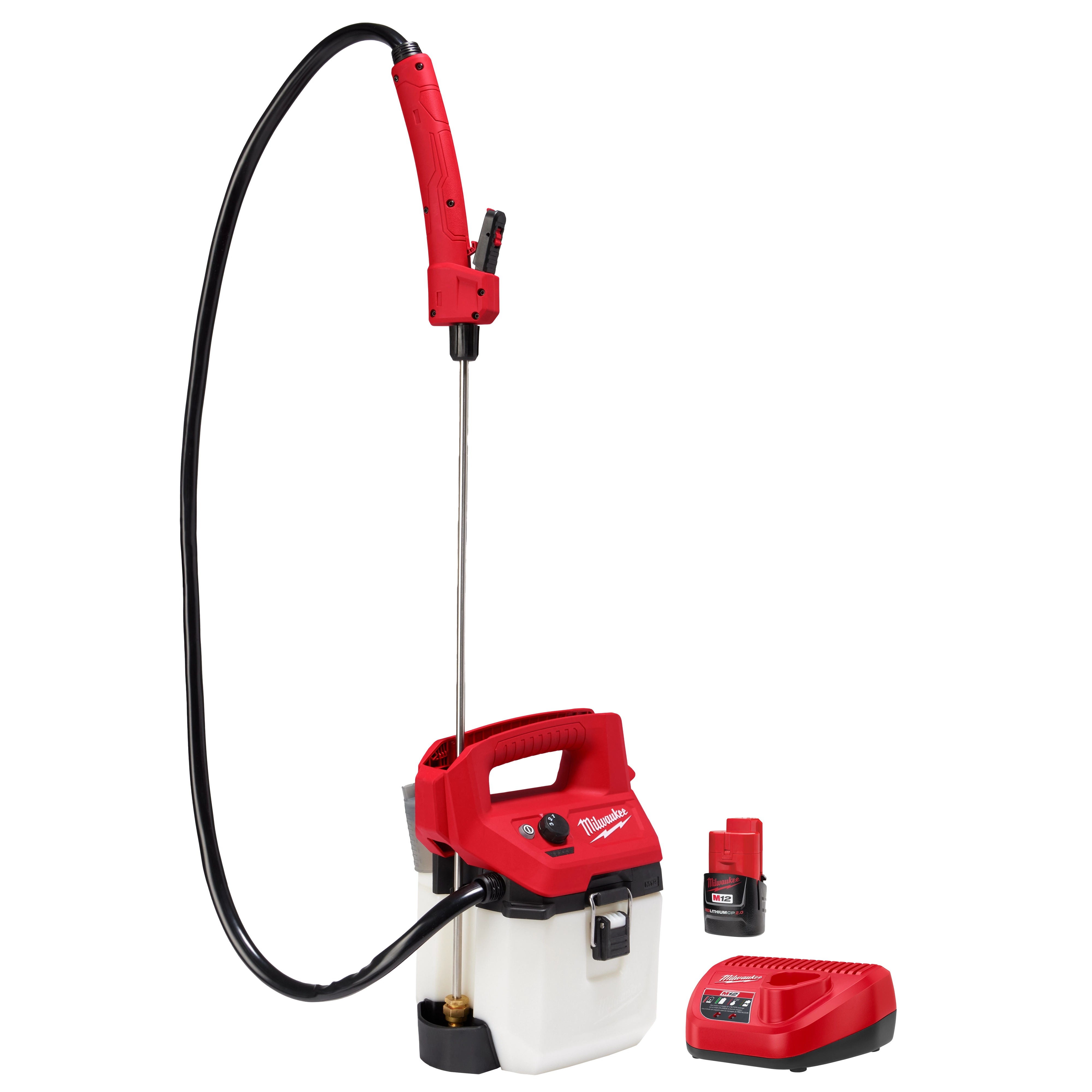 Milwaukee Tool 2528-21G1 M12 1 Gallon Handheld Sprayer Kit with M12 CP2.0 battery and charger on white background