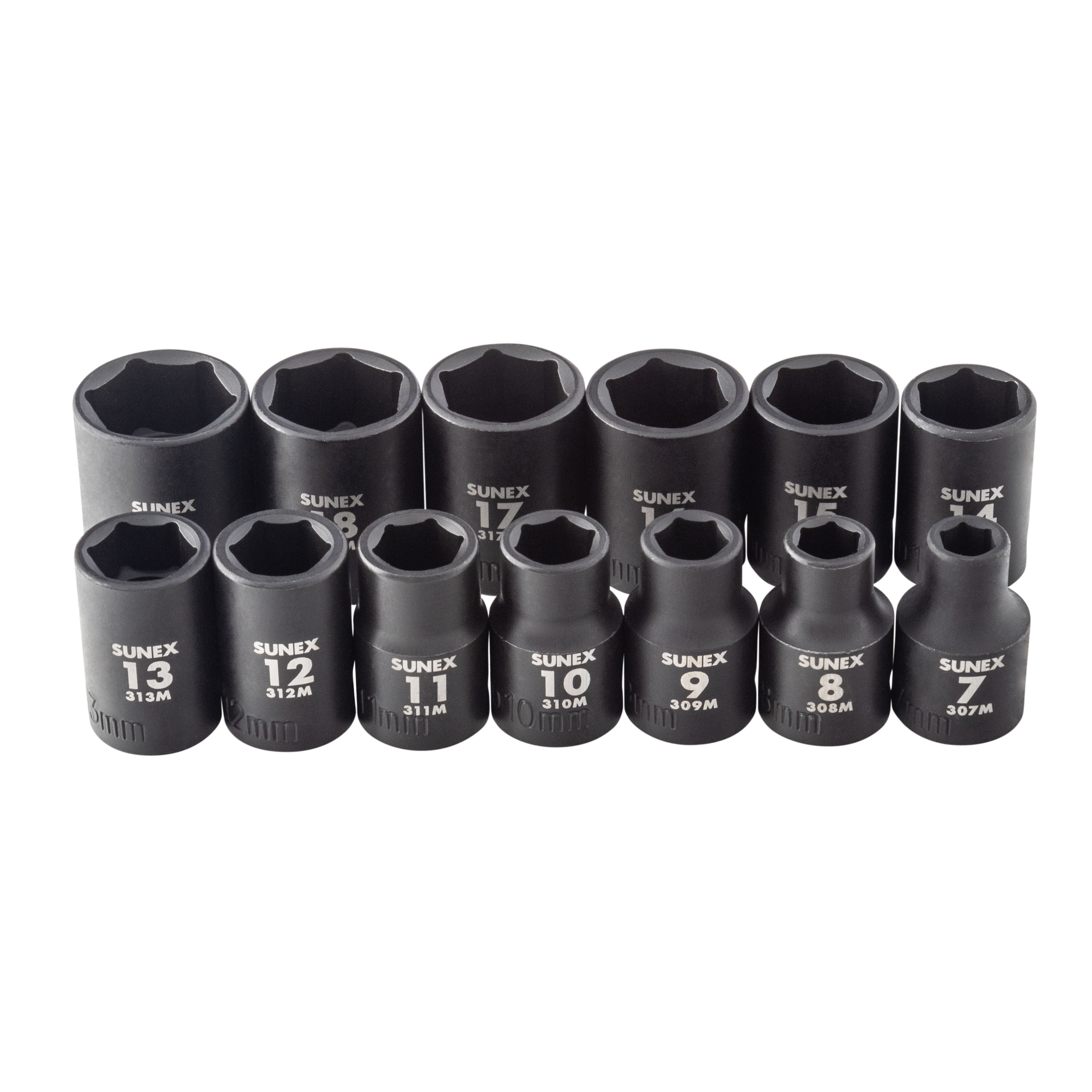 All 13 Sunex Tools metric impact sockets (7mm-19mm) arranged by size showing 6-point design