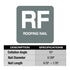 Milwaukee Tool 2909-20 M18 FUEL Coil Roofing Nailer nail spec chart: 15 degree collation angle, 0.120 inch diameter, 0.75 to 1.75 inch nail length