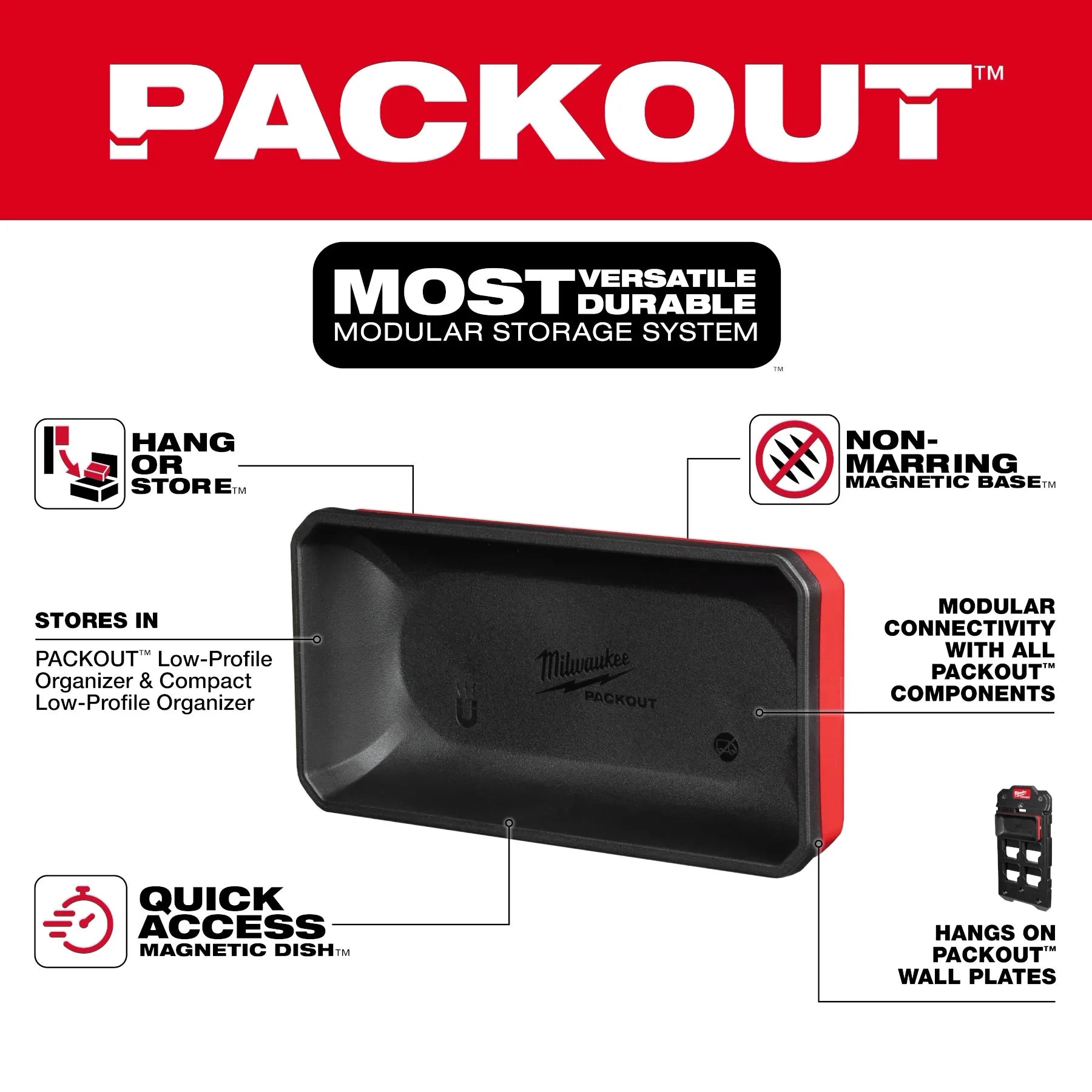 Milwaukee Tool PACKOUT Large Magnetic Bin - feature callout infographic: Hang or Store, Quick Access Magnetic Dish, Non-Marring Magnetic Base