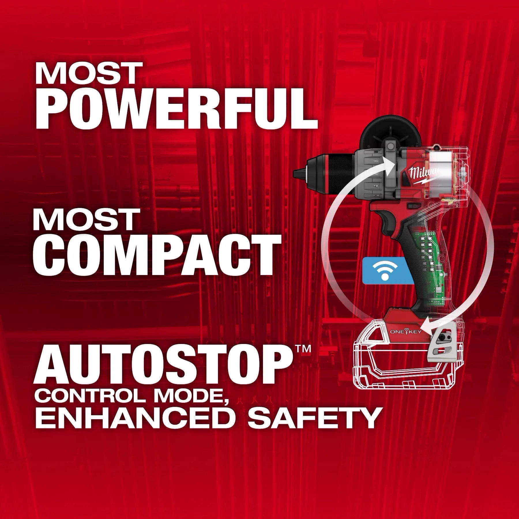 Milwaukee Tool 2905-20 M18 FUEL Drill/Driver - Most Powerful, Most Compact, AUTOSTOP Control Mode feature callout infographic