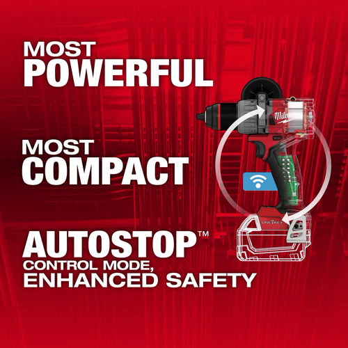 Milwaukee Tool 2905-20 M18 FUEL Drill/Driver - Most Powerful, Most Compact, AUTOSTOP Control Mode feature callout infographic
