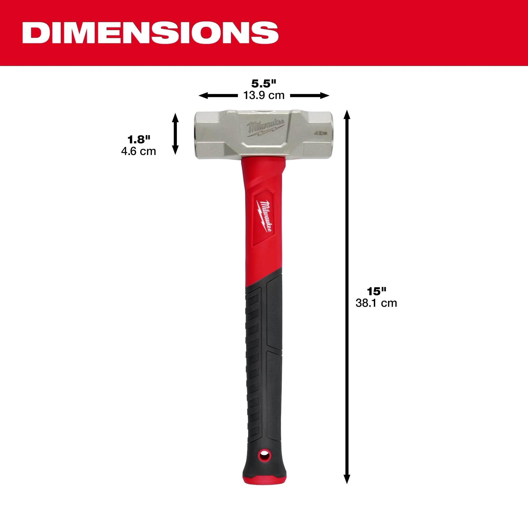Milwaukee Tool 48-22-9314 Engineer Hammer dimensions - 15 in overall length, 5.5 in head width, 1.8 in head height