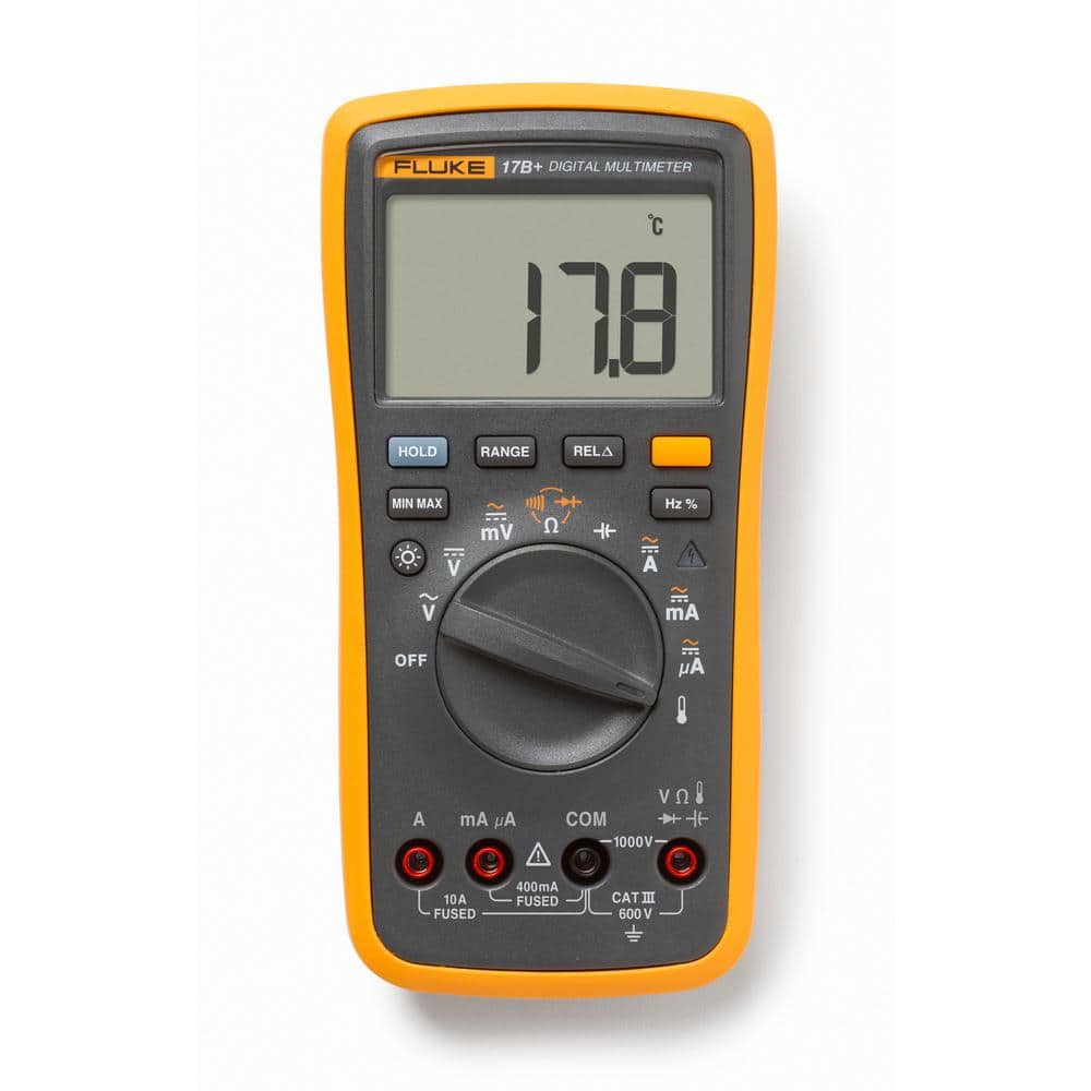 Fluke 17B+ Digital Multimeter front view displaying temperature reading on large backlit LCD