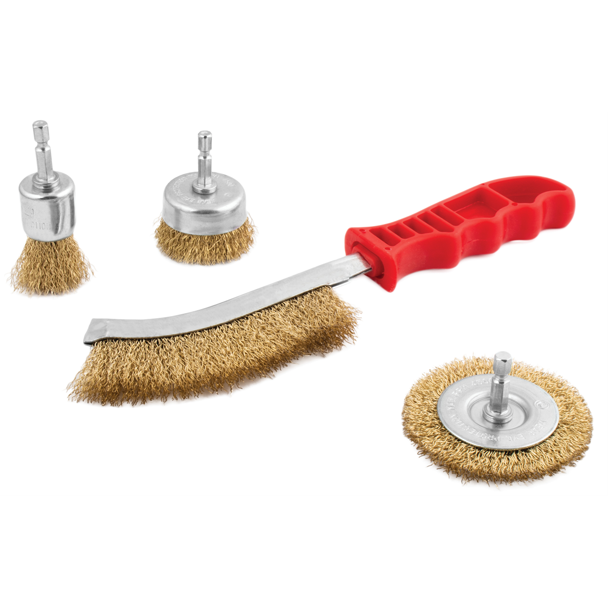 Titan Tools 22209 4pc Crimped Wire Brush Assortment - 1 in. end brush, 2 in. cup brush, 10 in. scratch brush with red ergonomic handle, and 3 in. circular brush with 1/4 in. hex shank