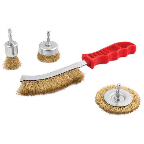 Titan Tools 22209 4pc Crimped Wire Brush Assortment - 1 in. end brush, 2 in. cup brush, 10 in. scratch brush with red ergonomic handle, and 3 in. circular brush with 1/4 in. hex shank
