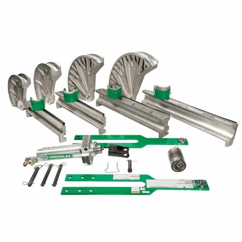 Greenlee 881CT Cam Track Conduit Bender kit with multiple bending shoes, cam track rails, and hydraulic components for 2-1/2 in to 4 in conduit
