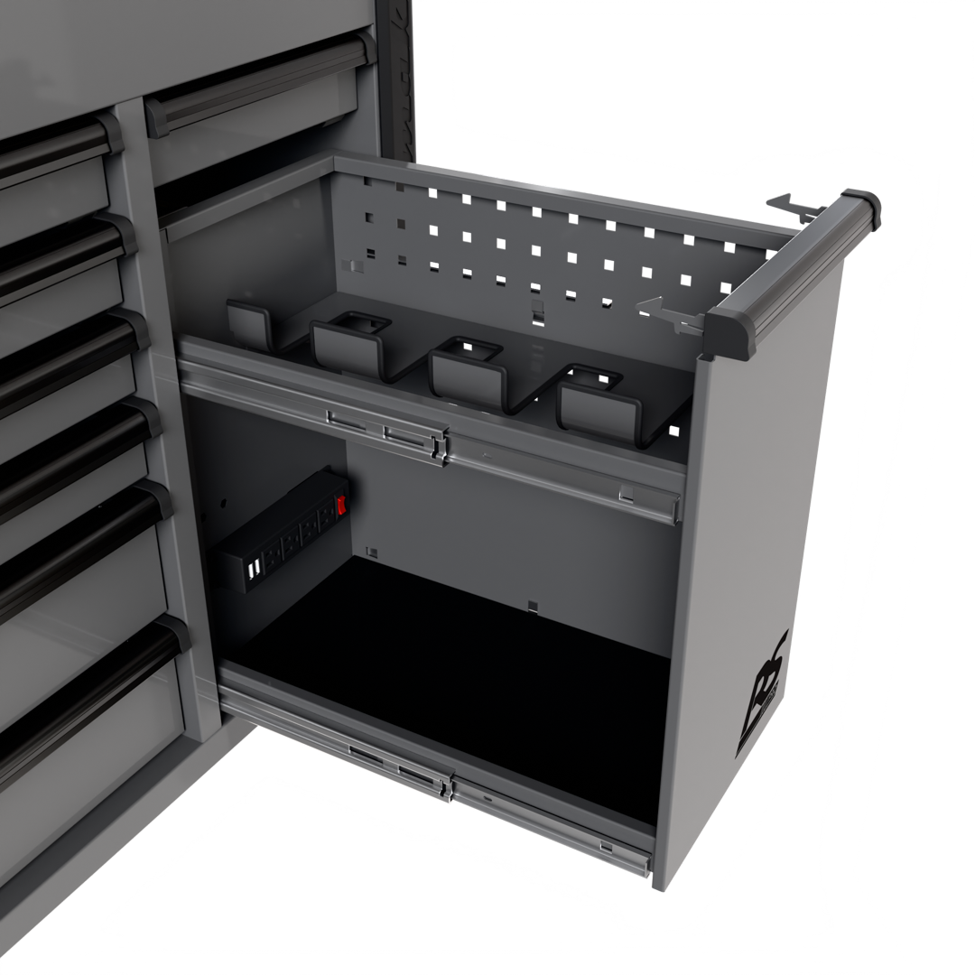 Homak RS Pro Power Tool Drawer close-up showing built-in power strip, battery holders, and perforated divider panel in Battleship Gray