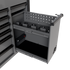 Homak RS Pro Power Tool Drawer close-up showing built-in power strip, battery holders, and perforated divider panel in Battleship Gray