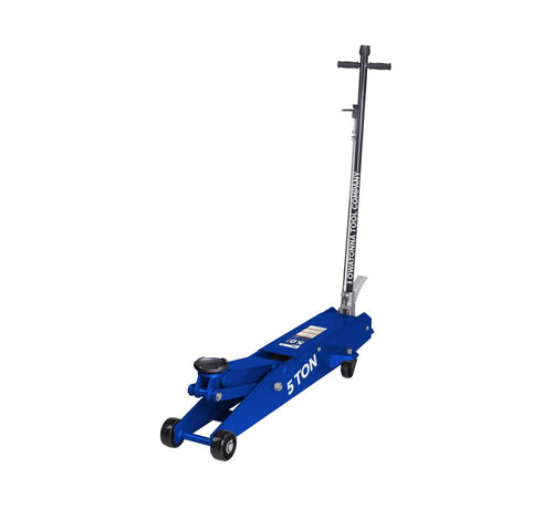OTC Tools HDJ5 5-Ton Long Chassis Service Jack in blue with locking handle extended, 4-caster base, and foot pedal