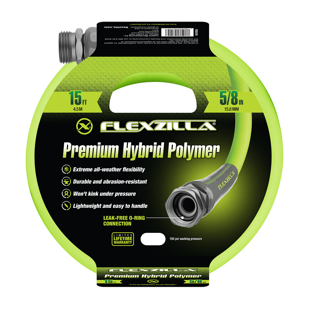 Flexzilla Premium Hybrid Polymer Garden Hose retail packaging showing 15 ft / 5/8 in. product
