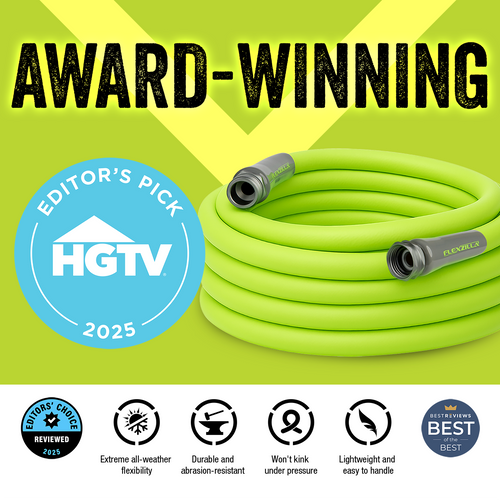 Flexzilla Garden Hose award-winning infographic showing HGTV Editor's Pick 2025 and Best Reviews Best of the Best badges