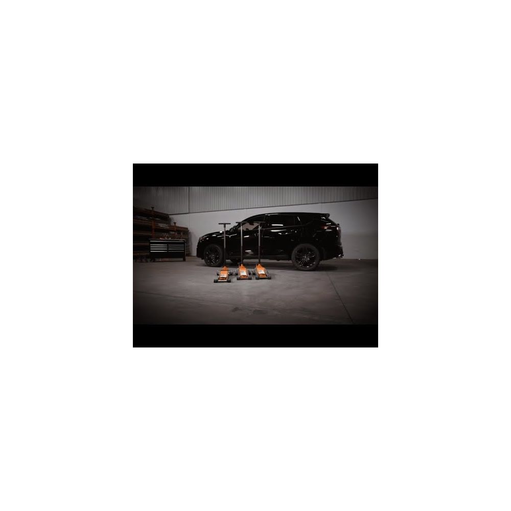 Martins Industries MFJ-PL2T Long Reach Floor Jacks positioned in front of a black SUV in a garage