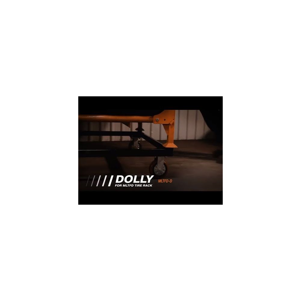 Martins Industries MLTFD-D Dolly for MLTFD Tire Rack in use with tire rack loaded