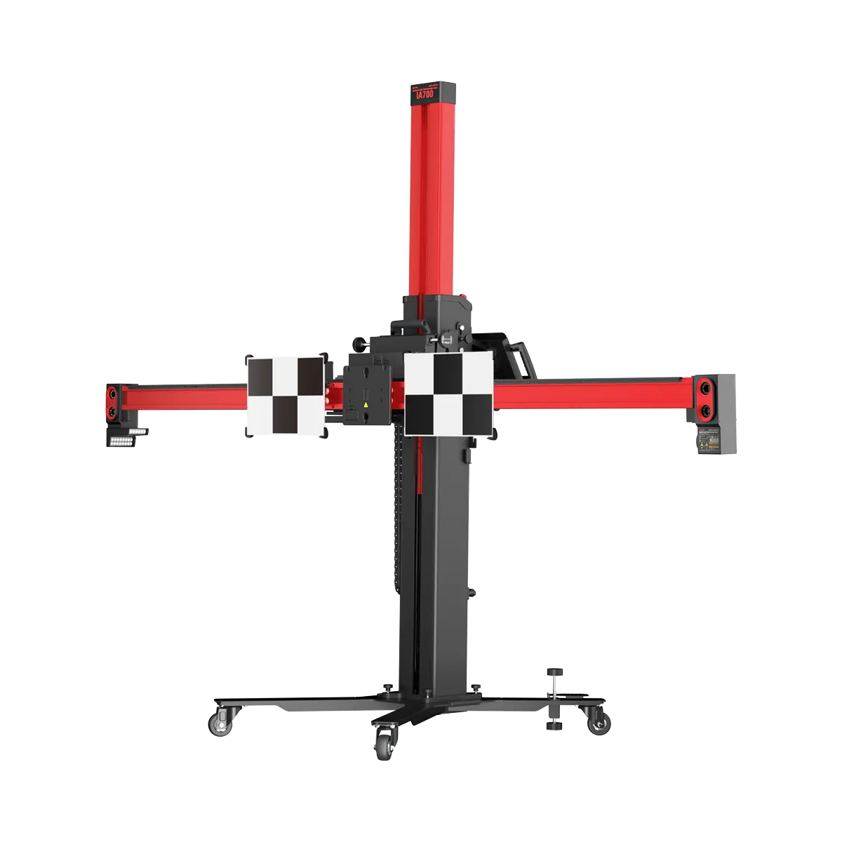 Autel IA700 ADAS calibration frame three-quarter view with robotic crossbar, HD positioning cameras, and checkerboard targets mounted