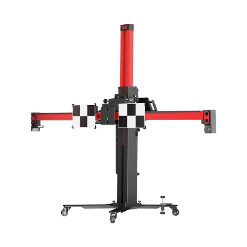 Autel IA700 ADAS calibration frame three-quarter view with robotic crossbar, HD positioning cameras, and checkerboard targets mounted