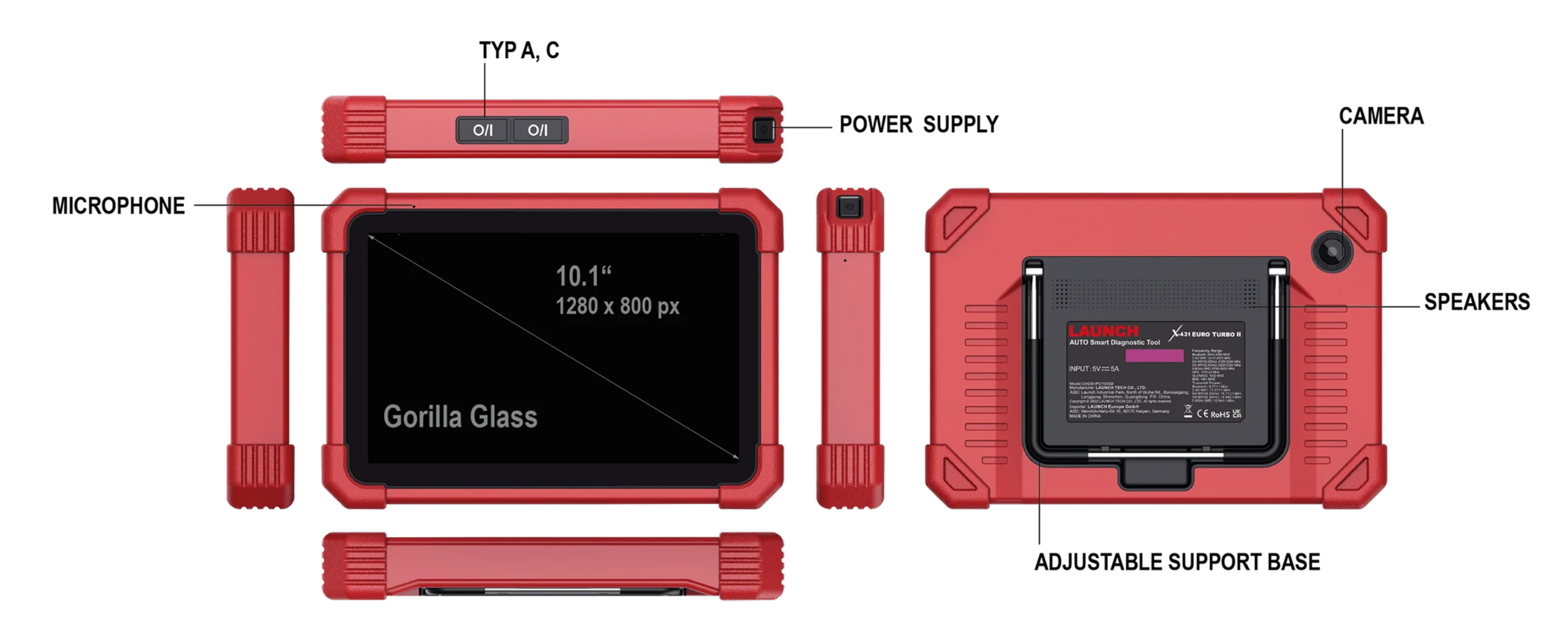 Launch X-431 Euro Turbo II diagnostic tablet front and rear view diagram with callouts
