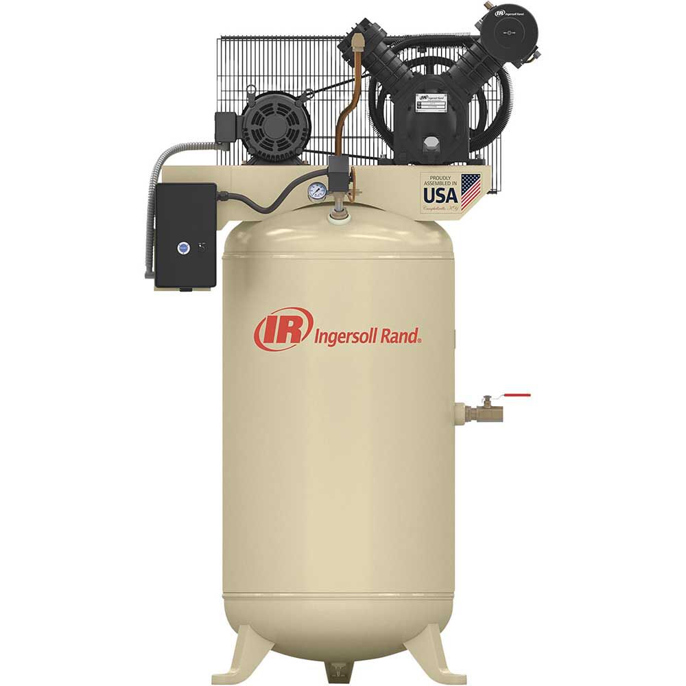 Ingersoll Rand 45465432 7.5 HP 80-Gallon 230V 3-Phase Vertical Air Compressor, tan cast iron tank, proudly assembled in USA
