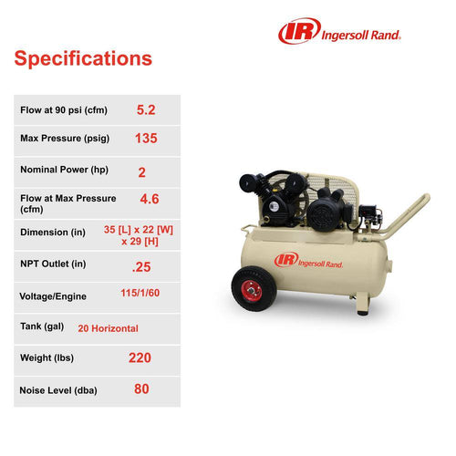 Ingersoll Rand P1.5IU-A9-H Air Compressor specifications: 135 PSI max, 5.2 CFM at 90 PSI, 2 HP, 20 Gal horizontal tank, 80 dBA