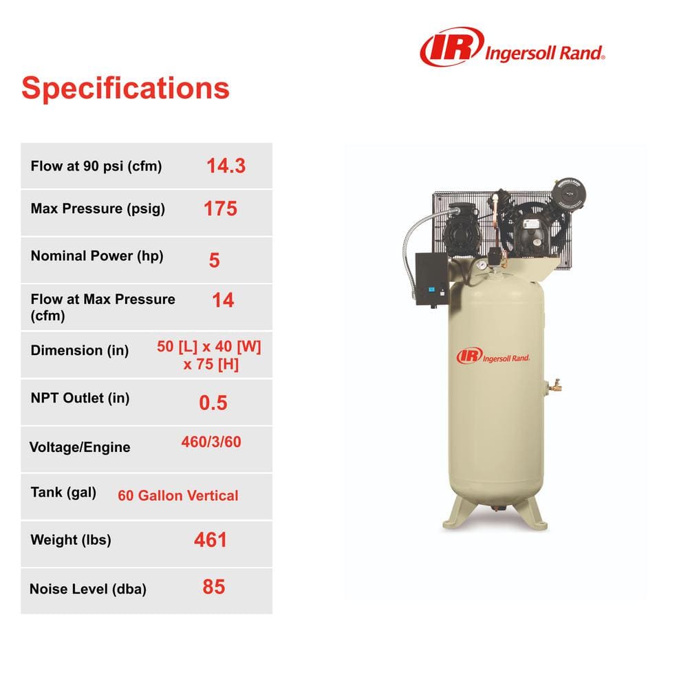 Ingersoll Rand 2340L5-V specifications chart: 175 PSI, 5 HP, 14 CFM, 60 Gal vertical tank