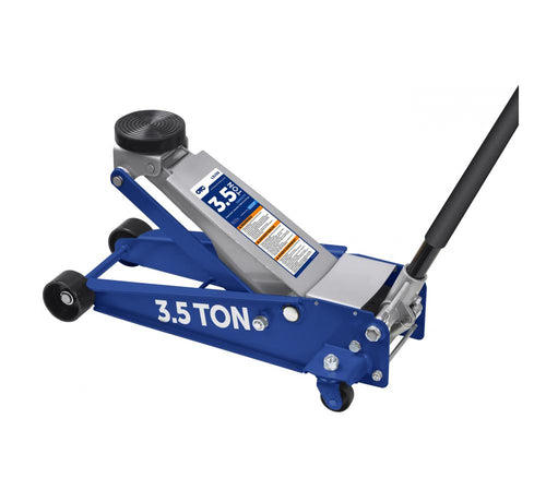 OTC Tools LDJ35 3.5 Ton Service Jack with dual-stage hydraulic lift, blue steel frame and rubberized saddle