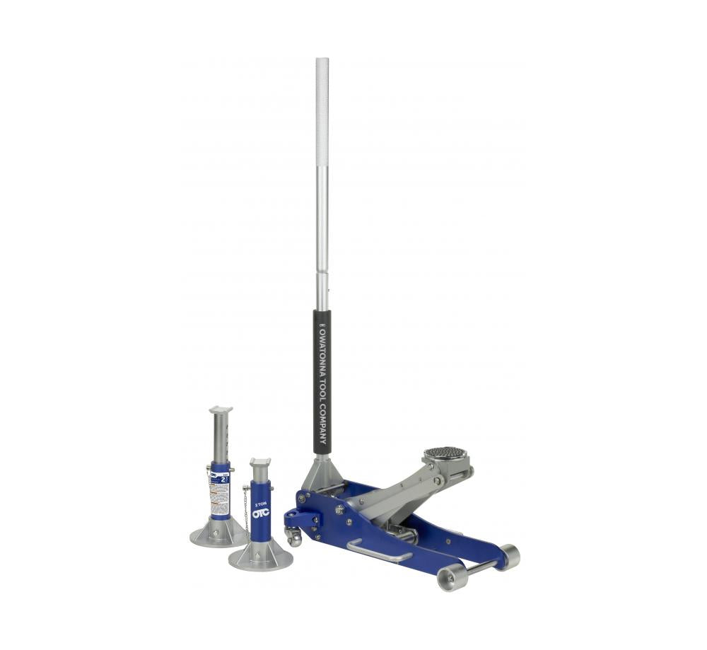 OTC Tools LDJA2-SET 2-Ton Aluminum Racing Service Jack and Stand Set - Blue and Silver, includes floor jack and two jack stands
