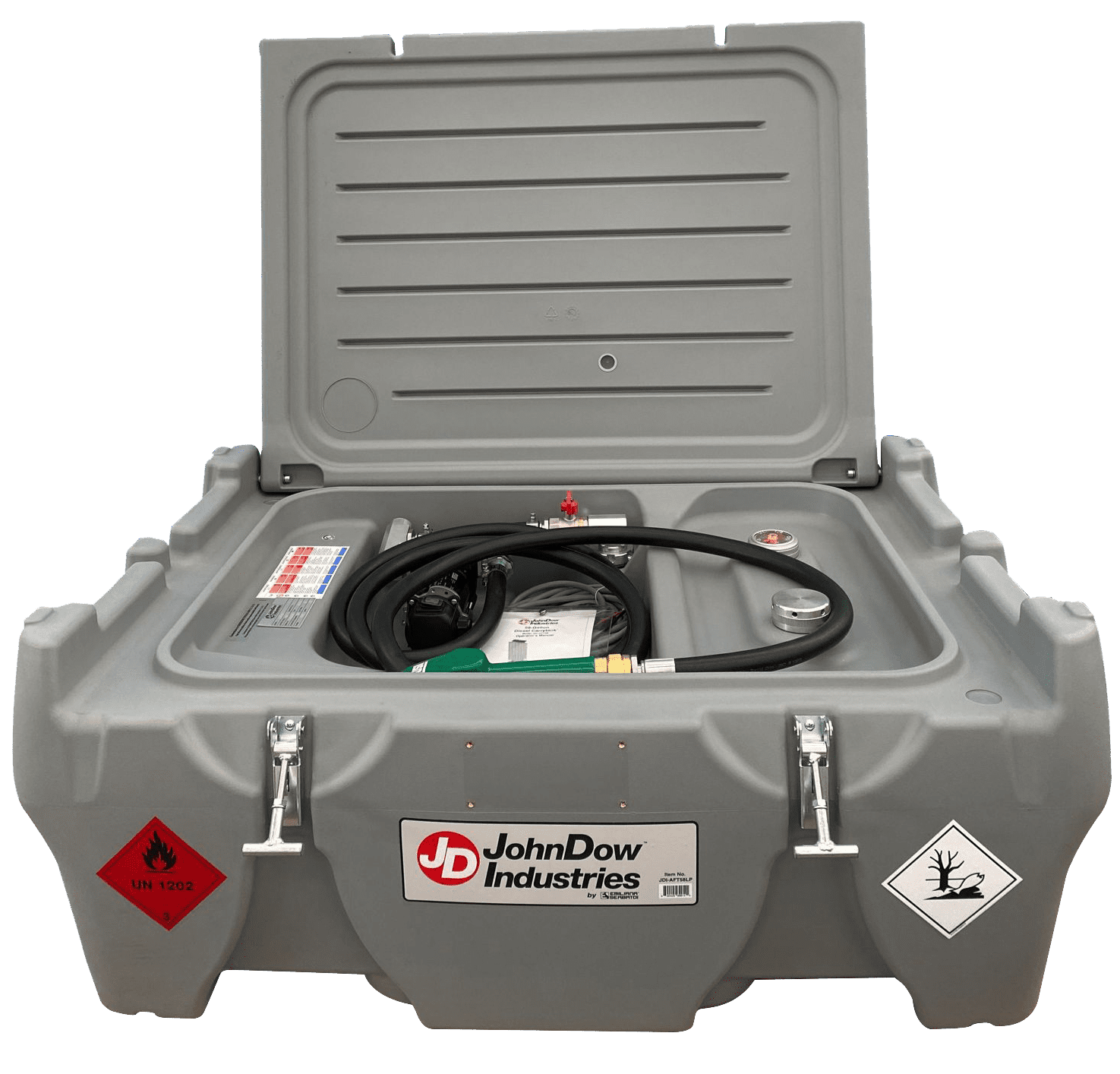 JohnDow Industries JDI-AFT58LP 58-Gallon Low-Profile Diesel Carrytank with lid open, front view