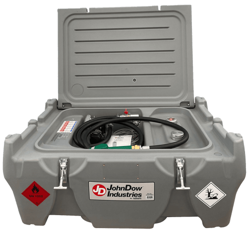 JohnDow Industries JDI-AFT58LP 58-Gallon Low-Profile Diesel Carrytank with lid open, front view