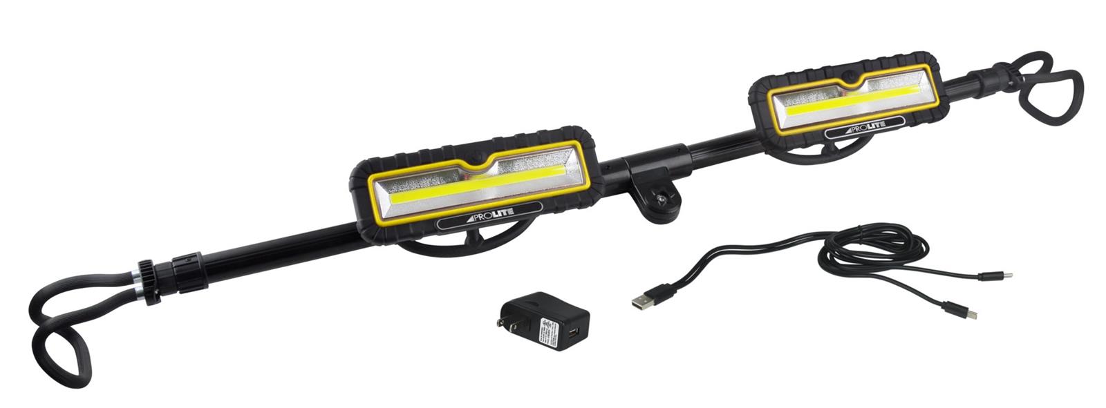Alert Stamping LHR5200 2400 Lumen Rechargeable Hood Light with two detachable yellow and black LED bar lamps on expandable bracket, USB-C Y-cable and wall plug included
