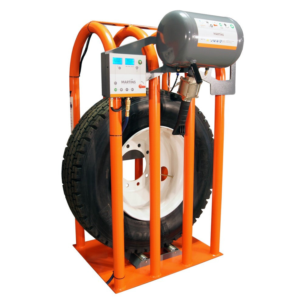 Martins Industries MIC-4-IPS Inflation Pit Stop 4-Bar Safety Cage - Orange steel all-in-one truck tire inflation cage with control panel, bead seater, and roller system