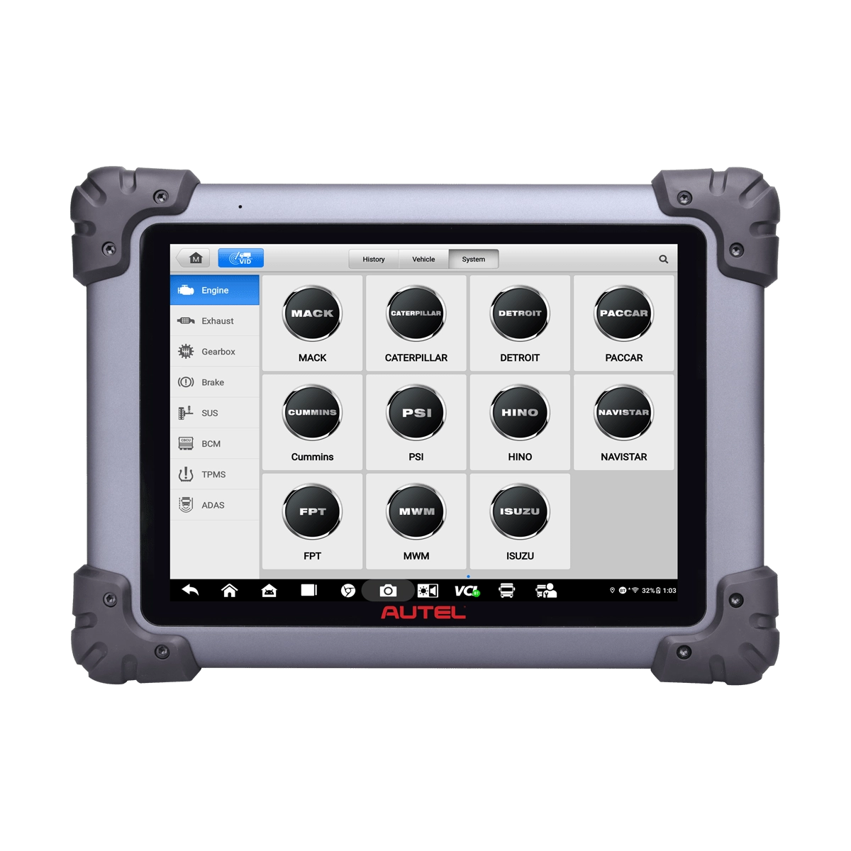 Autel MS908CVII MaxiSYS showing heavy-duty engine brand selection screen including Mack, Caterpillar, Detroit, Cummins, and Isuzu