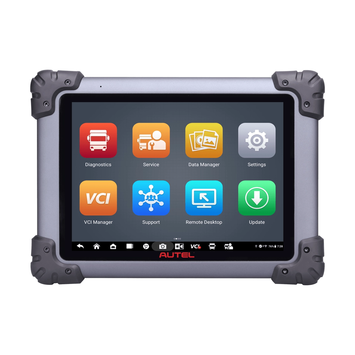 Autel MS908CVII MaxiSYS Diagnostic Tablet home screen displaying Diagnostics, Service, VCI Manager, and Update icons