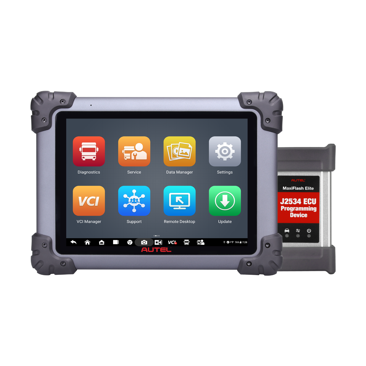 Autel MS908CVII MaxiSYS Diagnostic Tablet with MaxiFlash Elite J2534 ECU Programming Device side angle view