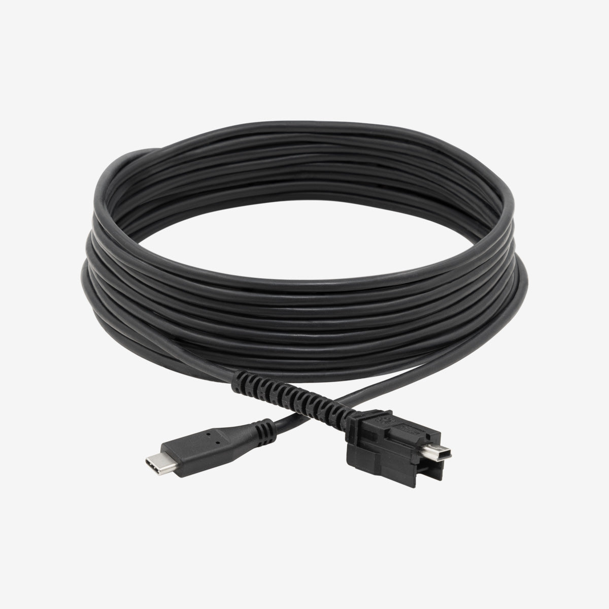 NEXIQ Technologies 401017 USB Mini B (Latching) to USB C Cable, coiled black cable with USB-C and latching USB Mini B connectors