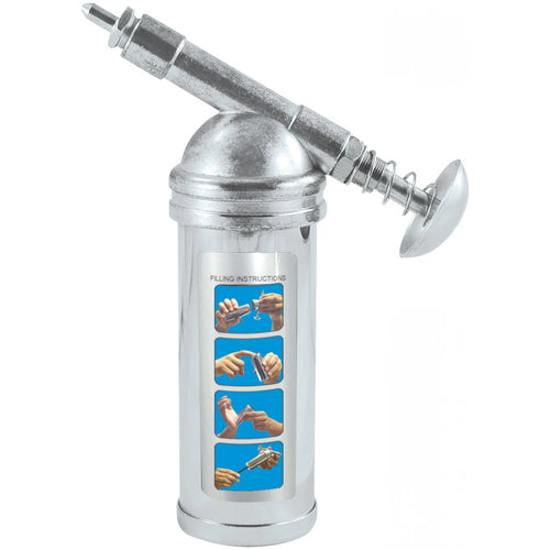 Astro Pneumatic AST-101 Mini Grease Gun with needle nozzle and filling instructions on chrome body