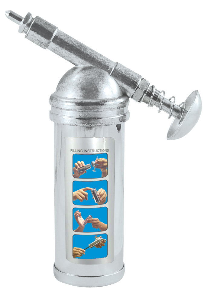 Astro Pneumatic AST-101 Mini Grease Gun side angle view showing needle nozzle and filling instructions