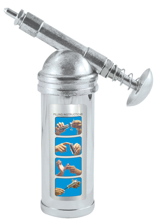 Astro Pneumatic AST-101 Mini Grease Gun side angle view showing needle nozzle and filling instructions