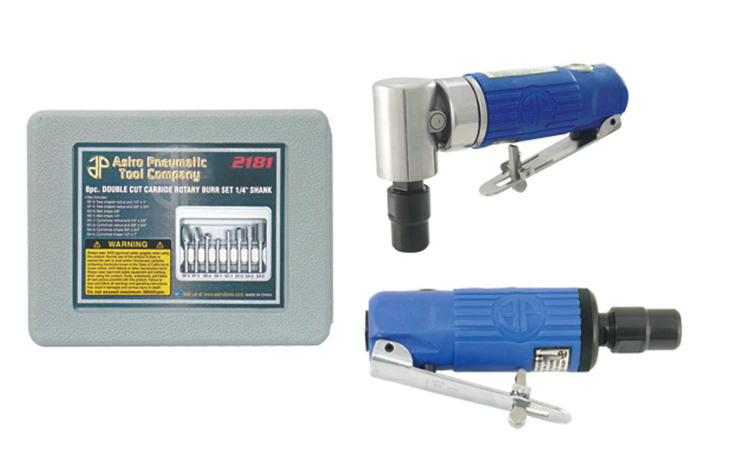 Astro Pneumatic 1221 blue composite body 90° angle die grinder and mini die grinder with 8pc 1/4" shank carbide rotary burr set