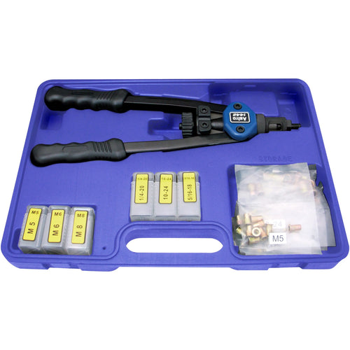 Astro Pneumatic 1442 13" Nut/Thread Setting Hand Riveter Kit in blue storage case with mandrel sets and rivet nuts