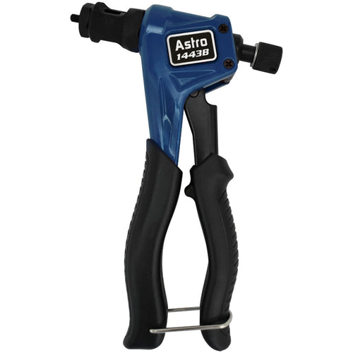 Astro Pneumatic 1443B Professional Hand Rivet Nut Setter, blue and black pistol-style, side view